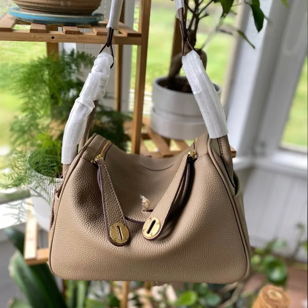 Taupe brown Togo leather Lindy Shoulder Crossbodu Duble Zop Bag - Picture 1 of 12